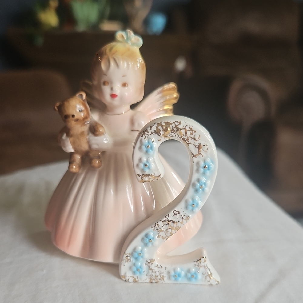 Charming Angel Figurine with Teddy Bear - Pink and Cream